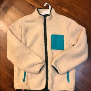 Men’s Lego Cream and Green Sherpa Jacket with Cozy Plush Fabric- Size Medium